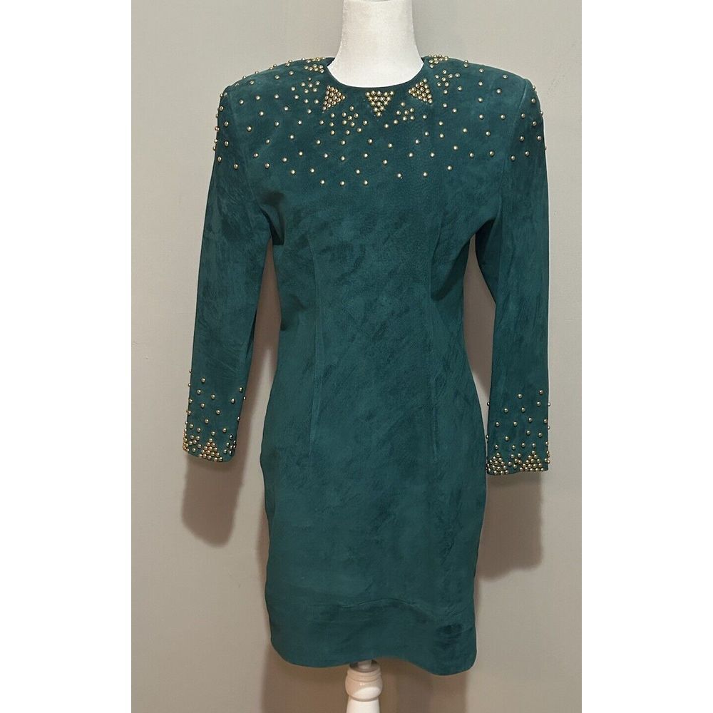 Vintage‎ Pia Rucci Green Leather Suede Fitted Dress Gold Bead Accent Size 12